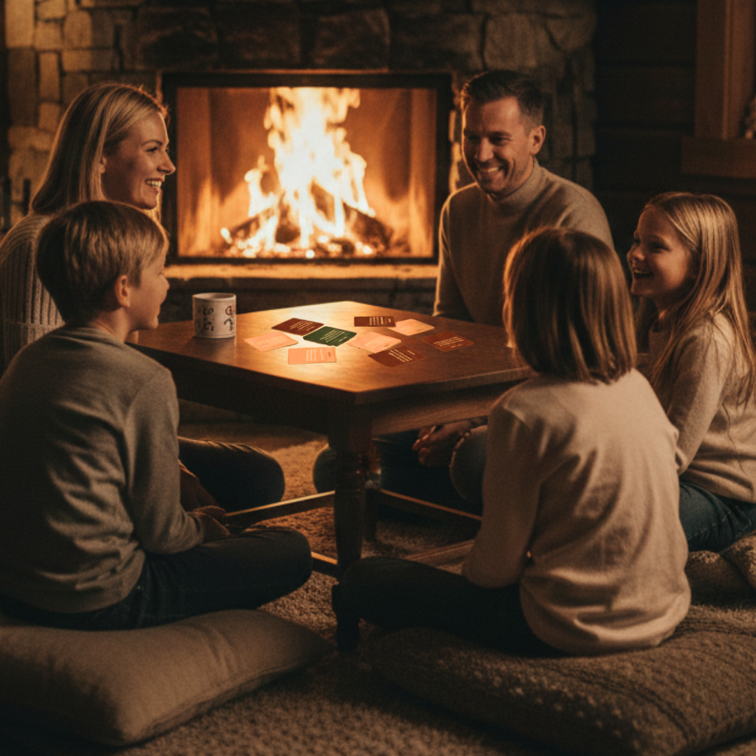 Familj som spelar minnesspelet i mysig miljö